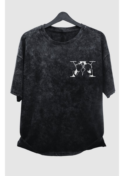 Oversize Hxh Killua Sırt Baskılı Yıkamalı T-Shirt, Unisex Anime Baskılı Eskitme Tişört modelleri