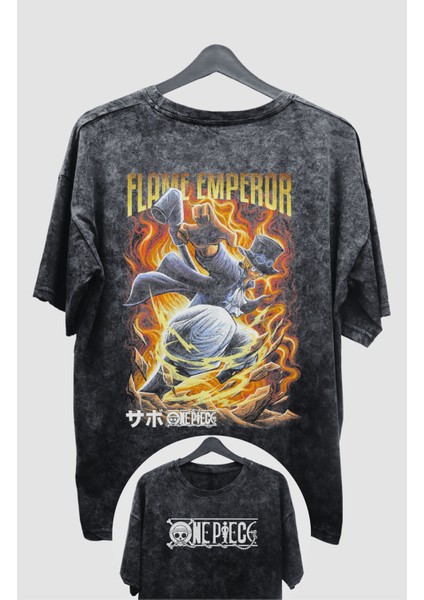 Oversize One Piece Sabo V2 Sırt Baskılı Yıkamalı T-Shirt, Unisex Anime Baskılı Retro Tişört