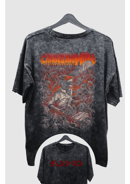 Oversize Chainsaw Man V3 Sırt Baskılı Yıkamalı T-Shirt, Unisex Anime Baskılı Vintage Tişört