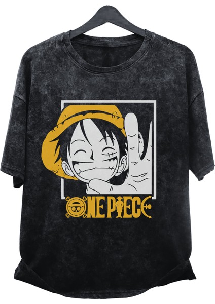 Oversize One Piece Luffy Manga Baskılı Yıkamalı T-Shirt, Unisex Anime Baskılı Retro Tişört