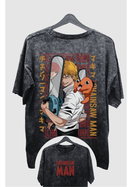 Oversize Chainsaw Man Pochita Denji Sırt Baskılı Yıkamalı T-Shirt,unisex Anime Baskılı Retro Tişört