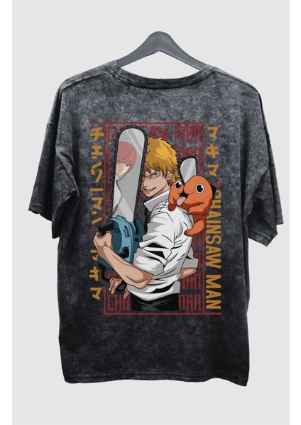 Oversize Chainsaw Man Pochita Denji Sırt Baskılı Yıkamalı T-Shirt,unisex Anime Baskılı Retro Tişört fiyatları
