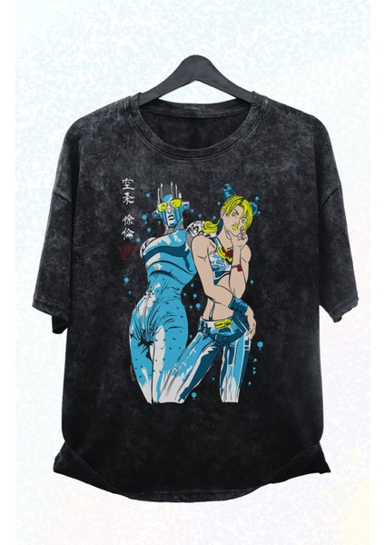 Oversize Jojo Bizarre Baskılı Yıkamalı T-Shirt, Unisex Anime Baskılı Vintage Tişört