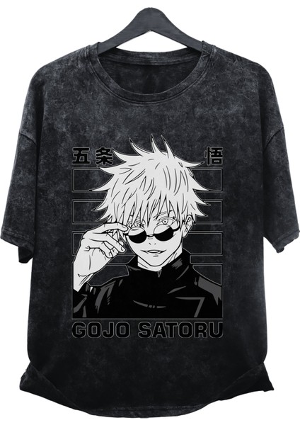 Oversize Jjk Gojo Satoru Ex2 Baskılı Yıkamalı T-Shirt, Unisex Anime Baskılı Vintage Tişört