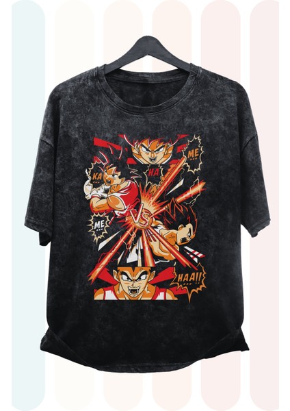 Oversize Dragon Ball Baskılı Yıkamalı T-Shirt, Unisex Anime Baskılı Eskitme Tişört