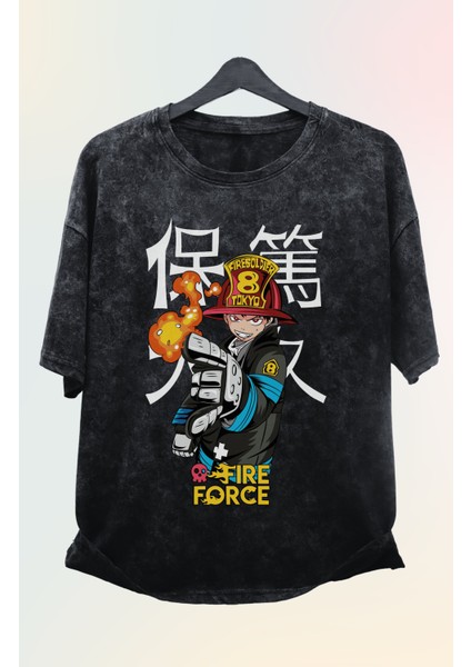 Oversize Fire Force Baskılı Yıkamalı T-Shirt, Unisex Anime Baskılı Vintage Tişört