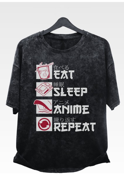Oversize Eat Sleep Anime Repeat Baskılı Yıkamalı T-Shirt, Unisex Anime Baskılı Retro Tişört