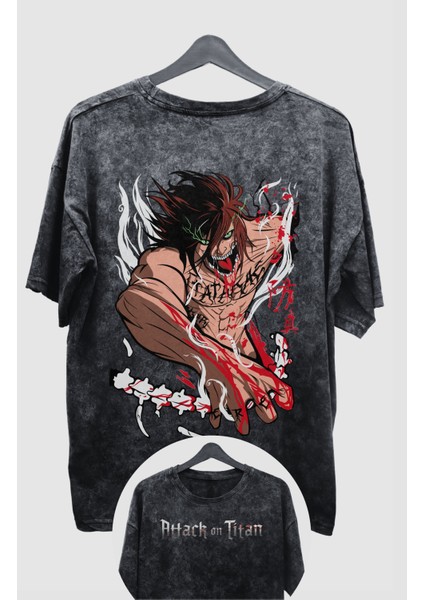 Oversize Aot Eren Yeager V3 Sırt Baskılı Yıkamalı T-Shirt, Unisex Anime Baskılı Vintage Tişört