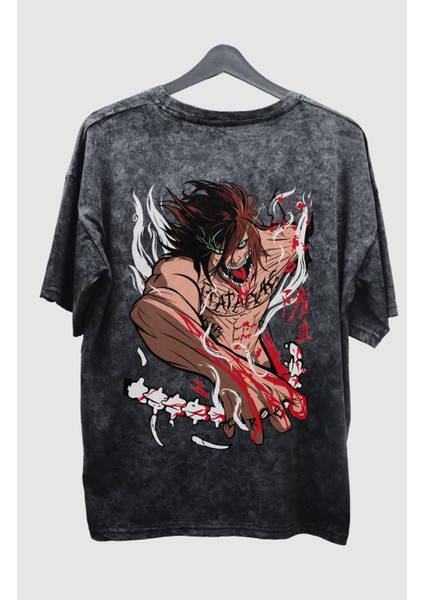 Oversize Aot Eren Yeager V3 Sırt Baskılı Yıkamalı T-Shirt, Unisex Anime Baskılı Vintage Tişört fiyatları