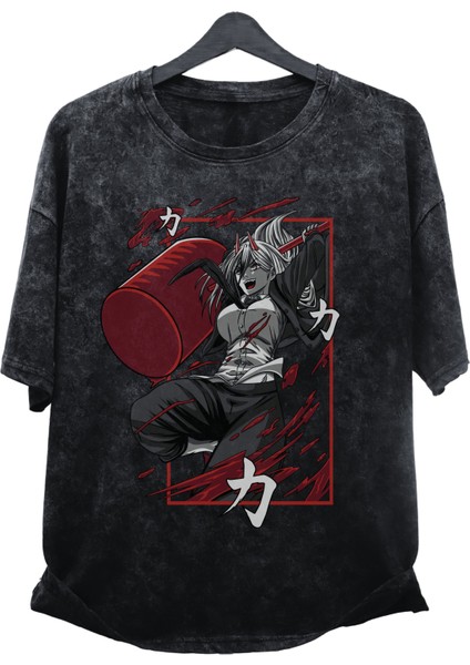 Oversize Chainsaw-Man Power Ex8 Baskılı Yıkamalı T-Shirt, Unisex Anime Baskılı Vintage Tişört