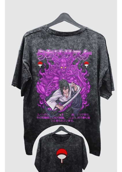 Oversize Naruto Sasuke Ex2 Sırt Baskılı Yıkamalı T-Shirt, Unisex Anime Baskılı Eskitme Tişört