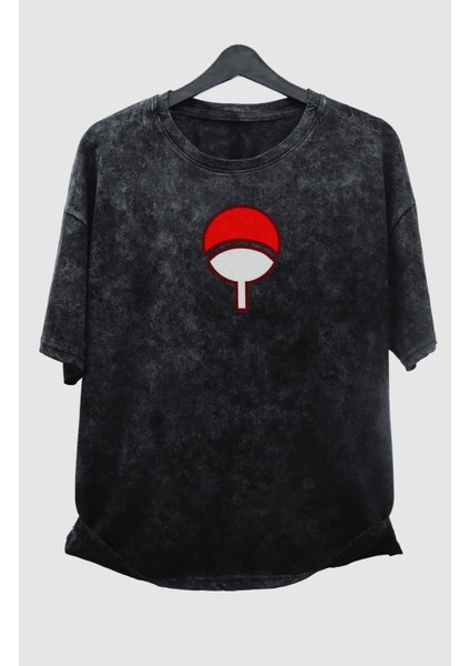 Oversize Naruto Sasuke Ex2 Sırt Baskılı Yıkamalı T-Shirt, Unisex Anime Baskılı Eskitme Tişört modelleri