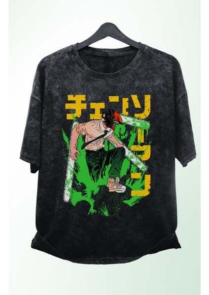 Oversize Renkli Chainsaw Man Baskılı Yıkamalı T-Shirt, Unisex Anime Baskılı Vintage Tişört