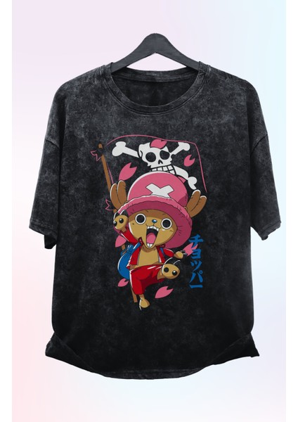Oversize One Piece Chopper Baskılı Yıkamalı T-Shirt, Unisex Anime Baskılı Retro Tişört