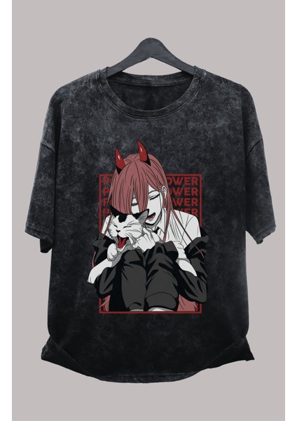 Oversize V4 Chainsaw Man Power Baskılı Yıkamalı T-Shirt, Unisex Anime Baskılı Retro Tişört