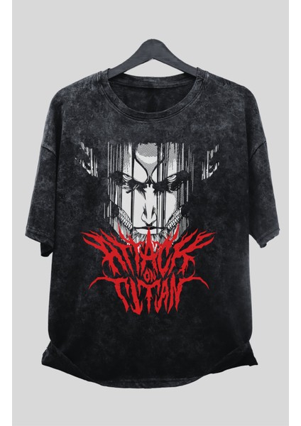 Oversize Aot Eren Yeager Titan Form Baskılı Yıkamalı T-Shirt, Unisex Anime Baskılı Vintage Tişört