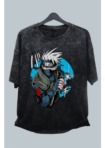 Oversize Naruto Kakashi Baskılı Yıkamalı T-Shirt, Unisex Anime Baskılı Retro Tişört