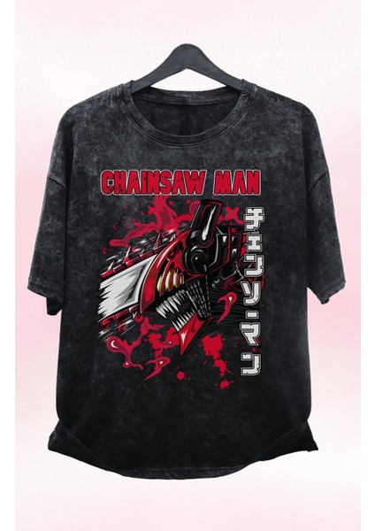 Oversize Testere Adam Chainsaw Man Baskılı Yıkamalı T-Shirt, Unisex Anime Baskılı Eskitme Tişört