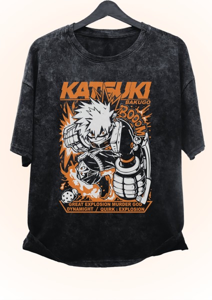 Oversize My Hero Academia Katsuki Baskılı Yıkamalı T-Shirt, Unisex Anime Baskılı Vintage Tişört