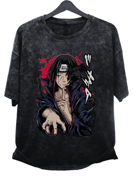 Oversize Akatsuki Uchiha Itachi Baskılı Yıkamalı T-Shirt, Unisex Anime Baskılı Retro Tişört