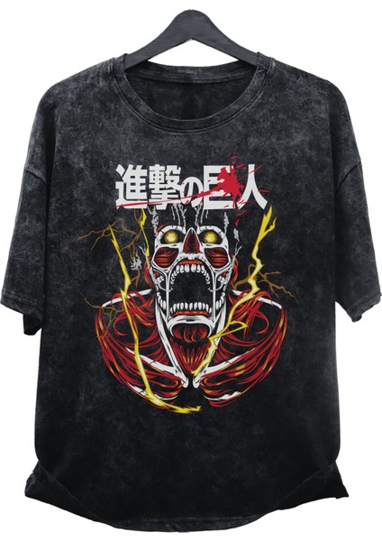 Oversize Attack On Titan Giant Baskılı Yıkamalı T-Shirt, Unisex Anime Baskılı Retro Tişört