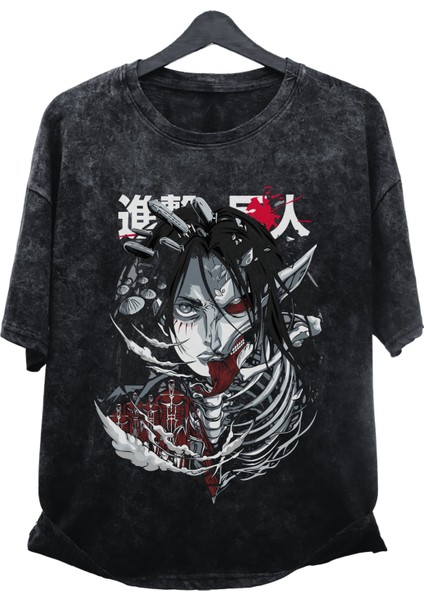 Oversize Attack On Titan Eren Baskılı Yıkamalı T-Shirt, Unisex Anime Baskılı Eskitme Tişört