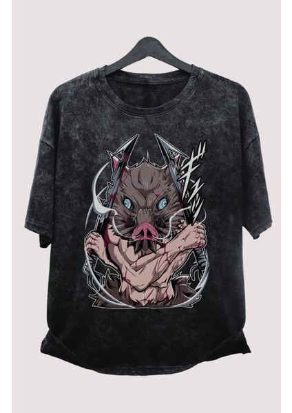 Oversize Demon Slayer Inosuke Baskılı Yıkamalı T-Shirt, Unisex Anime Baskılı Eskitme Tişört