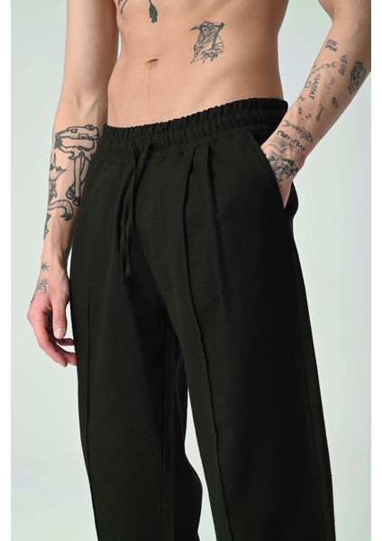 Haki Erkek Pile Dikiş Detaylı Bol Kesim Keten Pantolon indirimleri