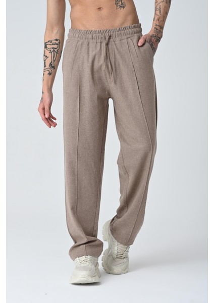 Bej Erkek Pile Dikiş Detaylı Bol Kesim Keten Pantolon