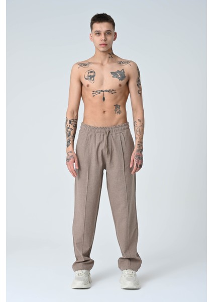 Bej Erkek Pile Dikiş Detaylı Bol Kesim Keten Pantolon fiyatları