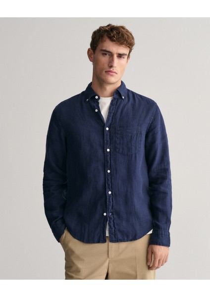 Erkek Lacivert Regular Fit Düğmeli Yaka Keten Gömlek 3240120.410