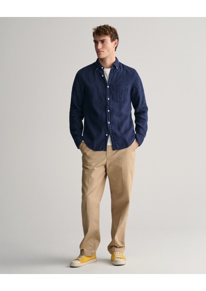 Erkek Lacivert Regular Fit Düğmeli Yaka Keten Gömlek 3240120.410