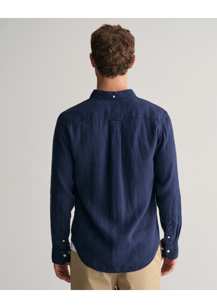 Erkek Lacivert Regular Fit Düğmeli Yaka Keten Gömlek 3240120.410
