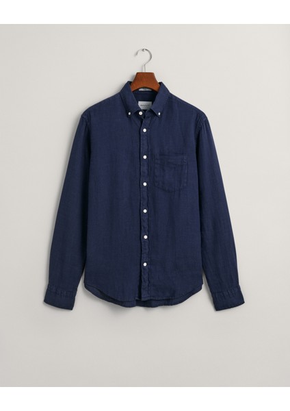 Erkek Lacivert Regular Fit Düğmeli Yaka Keten Gömlek 3240120.410