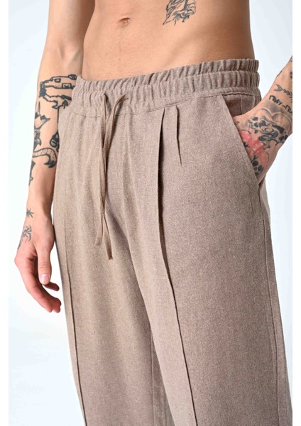 Bej Erkek Pile Dikiş Detaylı Bol Kesim Keten Pantolon modelleri