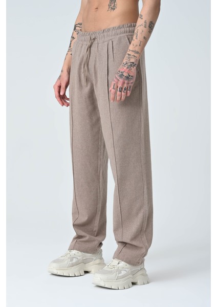 Bej Erkek Pile Dikiş Detaylı Bol Kesim Keten Pantolon fırsatları
