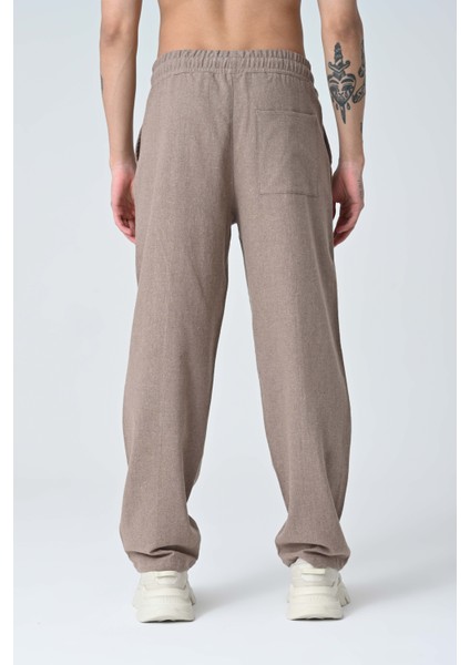 Bej Erkek Pile Dikiş Detaylı Bol Kesim Keten Pantolon indirimleri