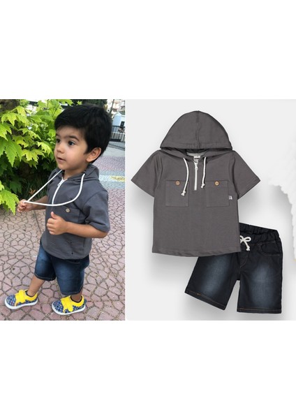 Kot Pantolonlu Kısa Kollu Kapşonlu Erkek Çocuk 2'li Takım - 3-6 Yaş - 2093 fiyatları