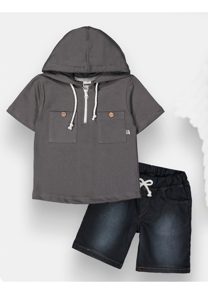 Kot Pantolonlu Kısa Kollu Kapşonlu Erkek Çocuk 2'li Takım - 3-6 Yaş - 2093 modelleri