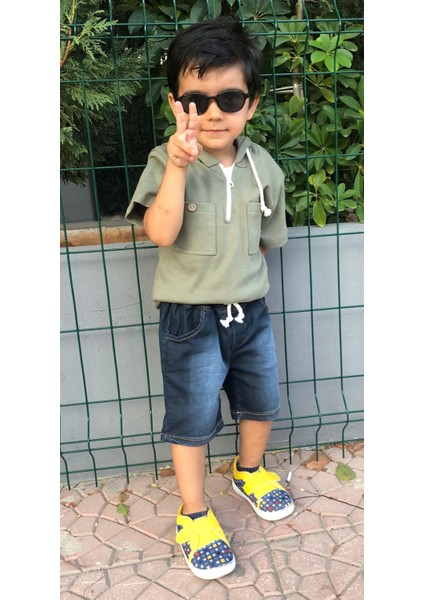 Kot Pantolonlu Kısa Kollu Kapşonlu Erkek Çocuk 2'li Takım - 3-6 Yaş - 2093