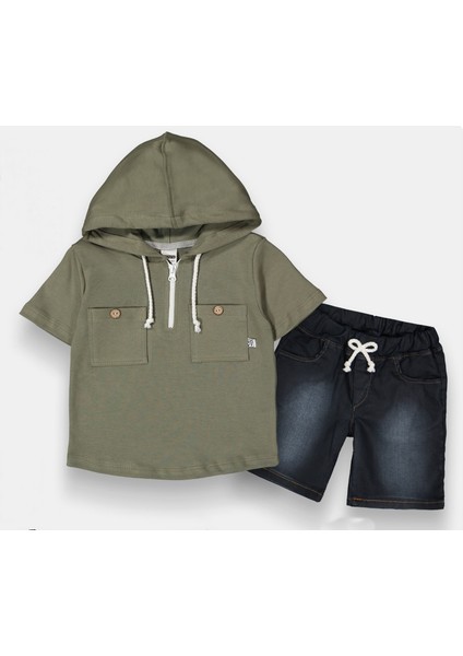 Kot Pantolonlu Kısa Kollu Kapşonlu Erkek Çocuk 2'li Takım - 3-6 Yaş - 2093 modelleri