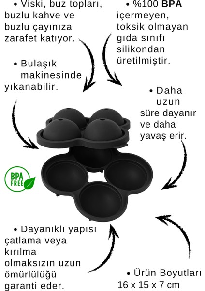 Shot Küre Top Luxury Buz Kalıbı 4 lü Siyah 16 x 15 x 7 cm