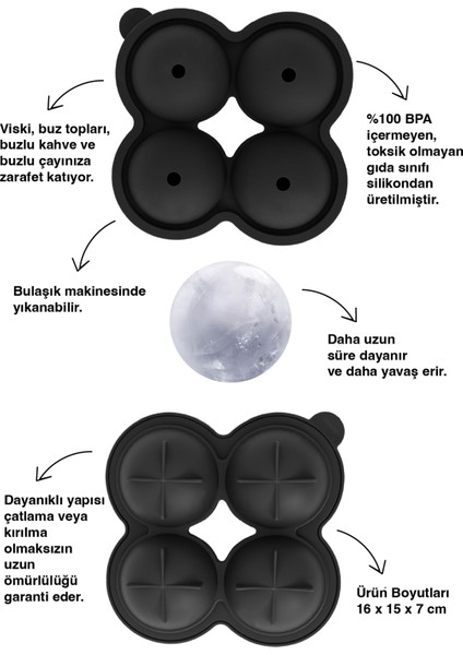 Shot Küre Top Luxury Buz Kalıbı 4 lü Siyah 16 x 15 x 7 cm