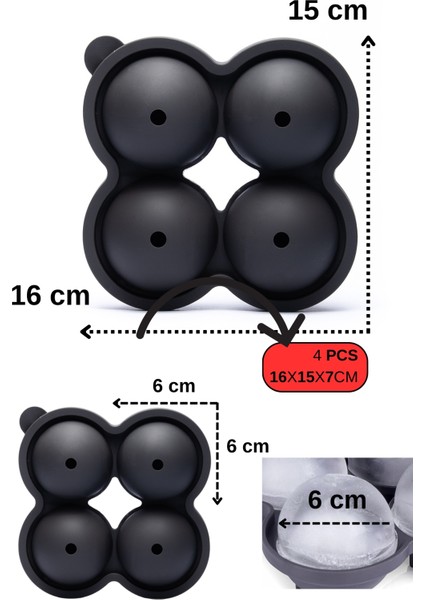 Shot Küre Top Luxury Buz Kalıbı 4 lü Siyah 16 x 15 x 7 cm