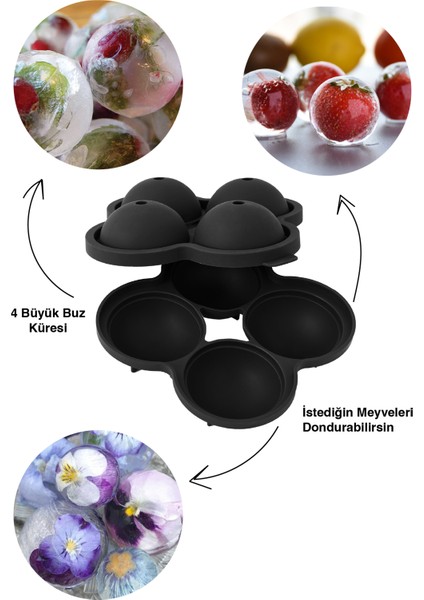 Shot Küre Top Luxury Buz Kalıbı 4 lü Siyah 16 x 15 x 7 cm