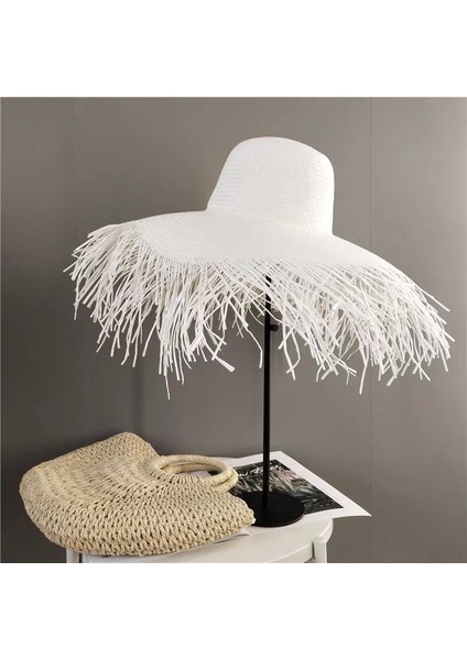Ham Kenar Yuvarlak Ipek El Dokuması Kağıt Hasır Şapka Yaz Tatili Bayanlar Sahil Plaj Şapkası (Yurt Dışından)