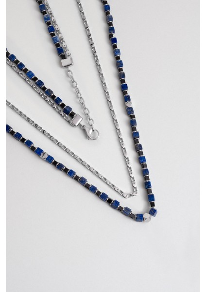 Lapis Taşlı 55 cm Çelik Çoklu Erkek Kolye