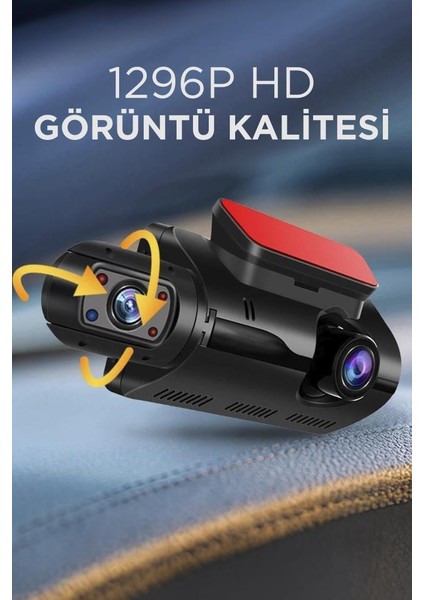 TA-03 Siyah 1296p Araç içi 2 Kameralı Lcd Ekranlı Gece Görüşlü , G-sensörlü  Yol Kayıt Araç Kamerası