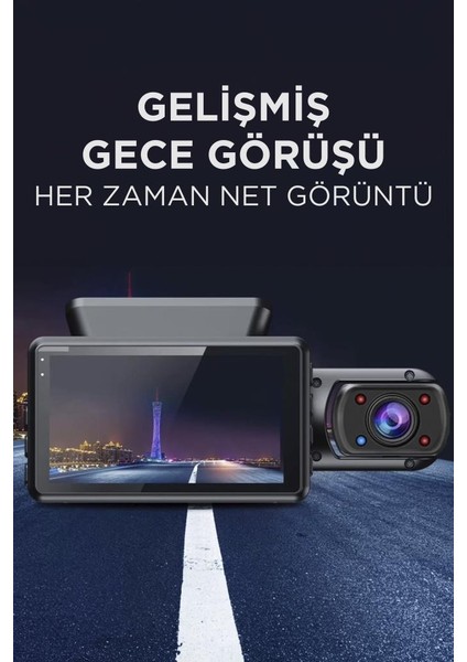 TA-03 Siyah 1296p Araç içi 2 Kameralı Lcd Ekranlı Gece Görüşlü , G-sensörlü  Yol Kayıt Araç Kamerası