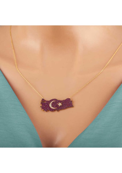 925 Ayar Gümüş Gold Ay Yıldız Türkiye Haritası Kadın Kolye